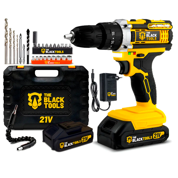 Parafusadeira Furadeira De Impacto The Black Tools Profissional TB-21PX 2 Baterias Com Maleta 60Hz Amarelo